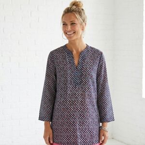 Talbots Popover Tunic XL Navy Blue Pink 100% Cotton V-Neck Sheer Relaxed Boxy